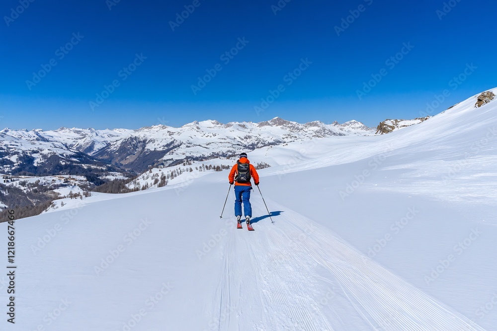 Skier traversing a snowy mountain landscape under clear blue skies Skier traversing a snowy mountain landscape under clear blue skies