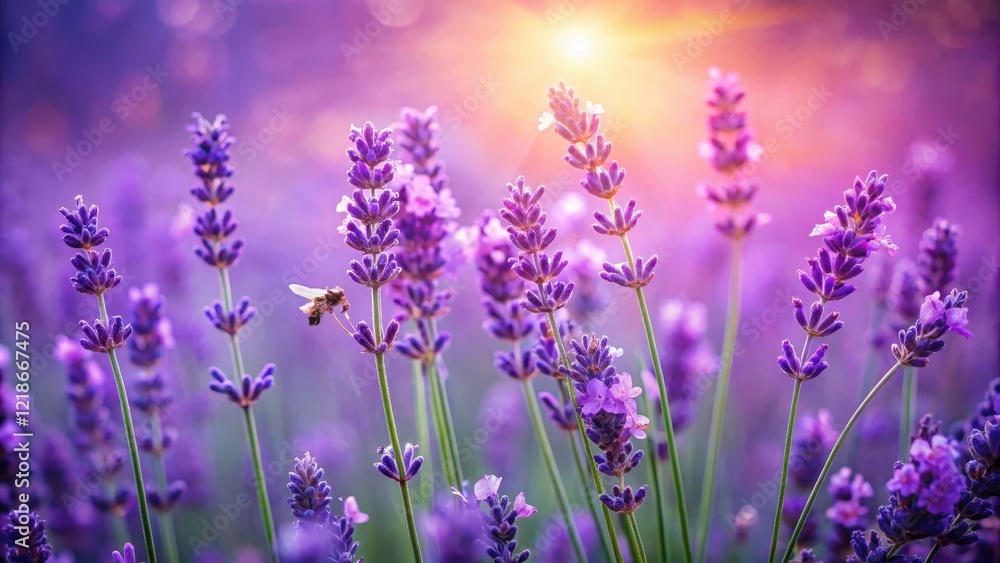Naklejka premium Lavender flowers blooming in a field against a bright purple rose background with delicate green stems and tiny insects , botanical, garden scene