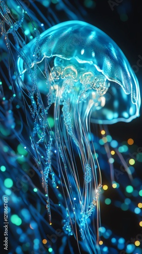 A serene underwater scene featuring a vibrant jellyfish glowing amidst a backdrop of shimmering lights. The ethereal movement captures the beauty of marine life and tranquility. photo