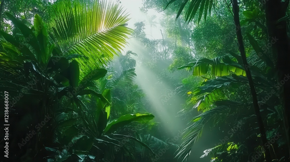 Lush Rainforest Canopy Bathed In Sunlight Beams Lush Rainforest Canopy Bathed In Sunlight Beams