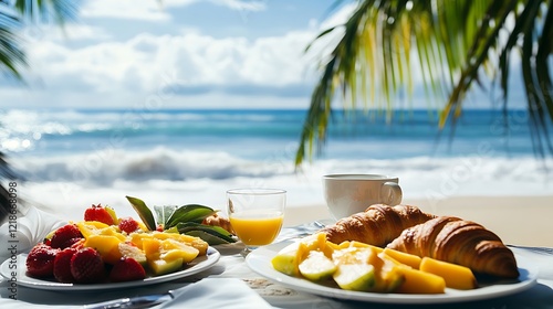 AI Generate Luxury Resort Breakfast Set Up On The Beach photo