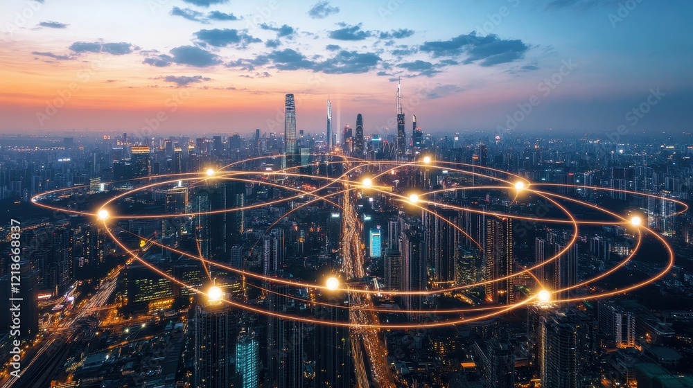 Obraz premium Illuminated Cityscape Showing Interconnected Network at Dusk