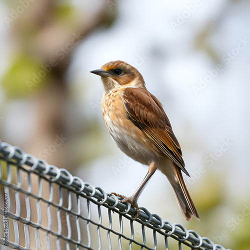 A portrait of a brown female red-backed shrike sitting on a fence made of welded wire mesh panels, a blurred tree in the background photo