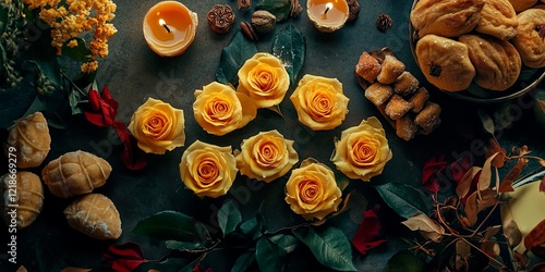 Vibrant Flat Lay Yellow Roses Sweets and Festive Diya Lamps photo