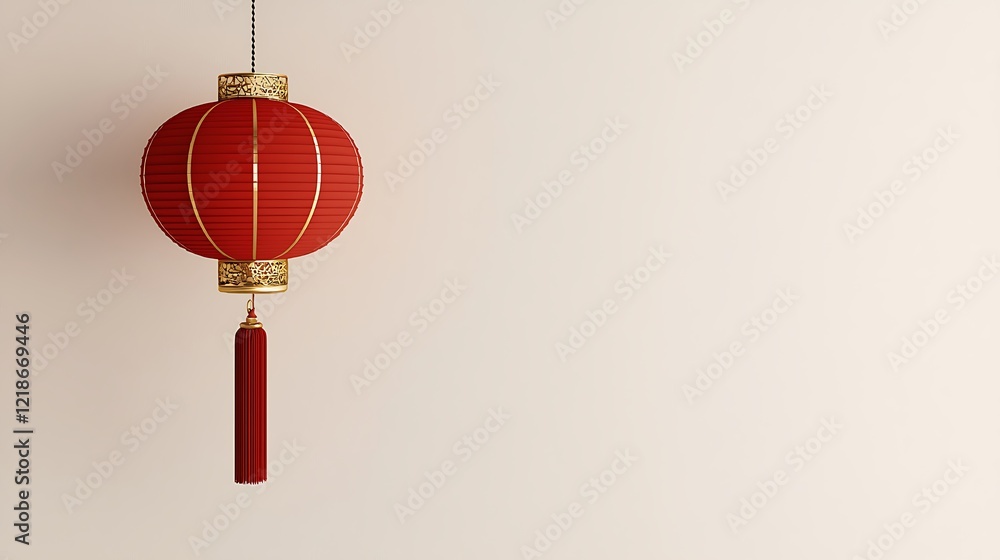 Fototapeta premium A red lantern with a gold trim hangs from a string