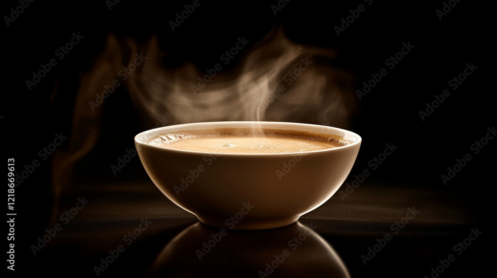 Fototapeta premium Hot coffee filling a cup, steam rising softly