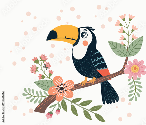 Cute toucan bird sitting on branch with leaves and flowers