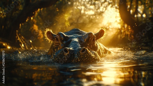 Hippo emerges from tranquil water, golden sunlight jungle background photo