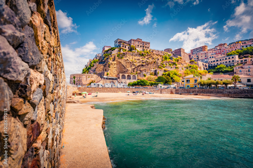 Marvelous summer cityscape of Pizzo town, Province of Vibo Valentia, Italy, Europe. Incredible morning seascape of Mediterranean sea. Traveling concept background.