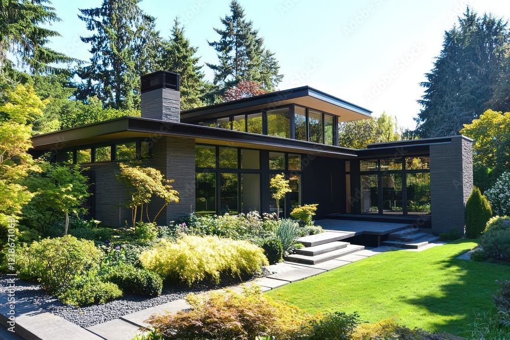 Fototapeta premium Modern house with large glass windows surrounded by lush green trees and plants