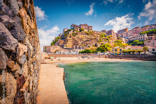 Obraz na płótnie Marvelous summer cityscape of Pizzo town, Province of Vibo Valentia, Italy, Europe. Incredible morning seascape of Mediterranean sea. Traveling concept background. w salonie