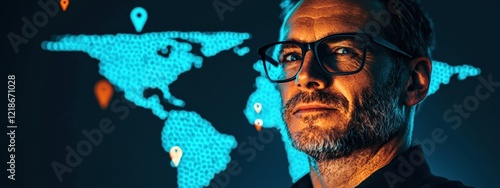 Wallpaper Mural Business Professional Analyzing Global Data Trends Over a Digital World Map with Geolocation Pins in Background Torontodigital.ca