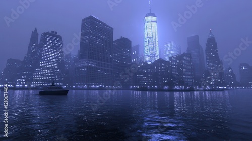 Wallpaper Mural Nighttime Cityscape Featuring Illuminated Skyscrapers and a Vessel Torontodigital.ca