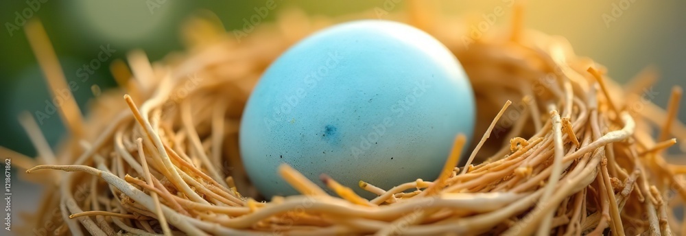 Fototapeta premium close-up of pastel blue easter egg resting in nest of hay under soft natural light