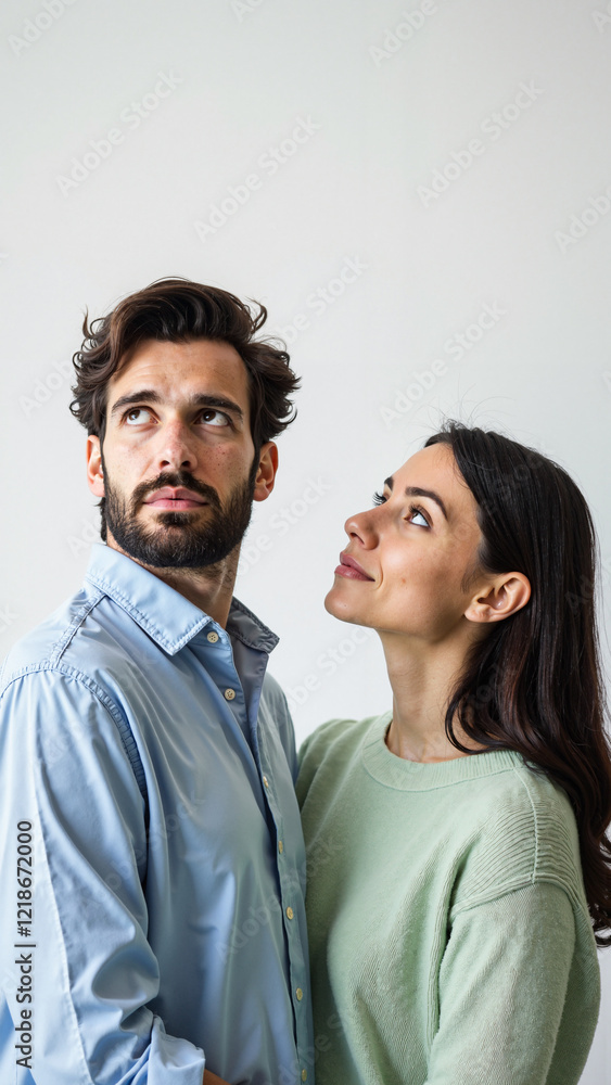 Thoughtful Young Couple Gazing Upwards on White Background for Relationship Counseling, Lifestyle Blogs, and Motivational Posters Thoughtful Young Couple Gazing Upwards on White Background for Relationship Counseling, Lifestyle Blogs, and Motivational Posters