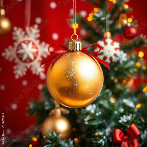 A beautifully decorated Christmas tree with shiny gold and red baubles, glass ornaments, and festive holiday decorations photo