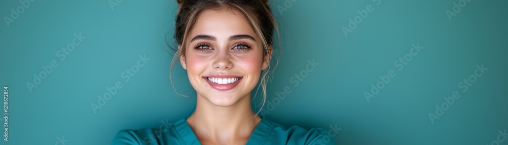 Smiling Woman in Teal Scrubs Portrait Photography, Close-up Composition, Healthcare Concept Keywords Portrait, Healthcare Smiling Woman in Teal Scrubs Portrait Photography, Close-up Composition, Healthcare Concept Keywords Portrait, Healthcare