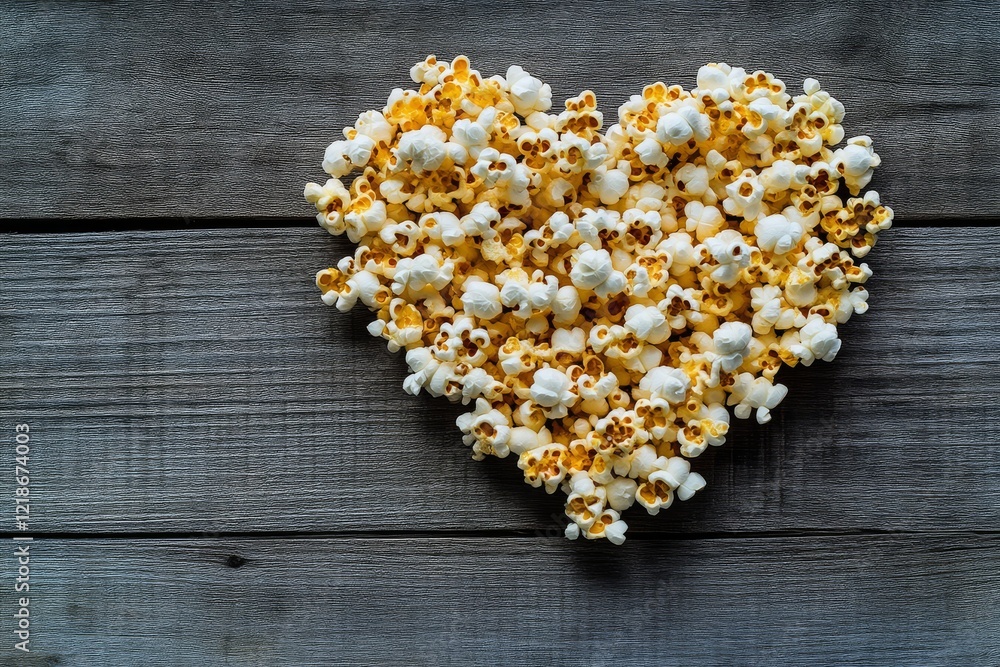 Heart-shaped popcorn arrangement on a rustic wooden surface, symbolizing love and enjoyment.