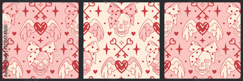 A set of seamless patterns. Coquette gothic backgrounds with a flirty vibe. Pastel pink skulls adorned with bows, hearts and vintage keys. Fun playful girly aesthetic for fabrics, stationery, wallpape