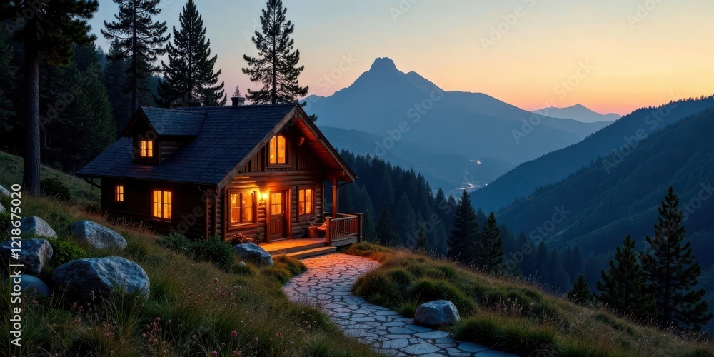 Naklejka premium Secluded Mountain Cabin with Evening Glow, Stone Path, and Serene Forest Vista