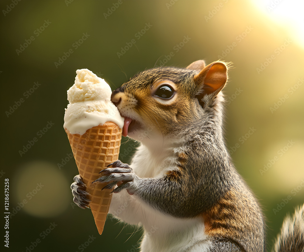 Obraz premium A squirrel holding an ice cream cone, licking the melting treat.