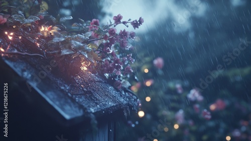 Wallpaper Mural Rain falls softly on blossoms and lights adorning a roof Torontodigital.ca