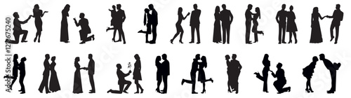 set of romantic couple silhouette dancing, kissing, proposing, making love and hugging.  
