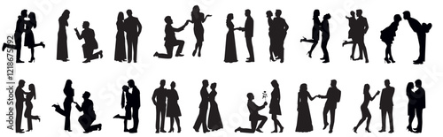 set of romantic couple silhouette dancing, kissing, proposing, making love and hugging.  