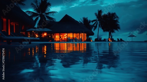 Wallpaper Mural Illuminated Tropical Bungalow Reflecting In Night Pool Torontodigital.ca