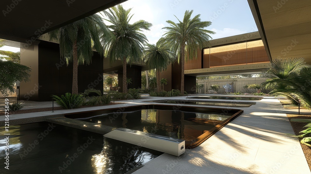 Fototapeta premium Modern Oasis Courtyard Design Featuring Palm Trees and Water Features
