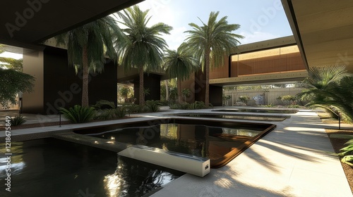 Wallpaper Mural Modern Oasis Courtyard Design Featuring Palm Trees and Water Features Torontodigital.ca