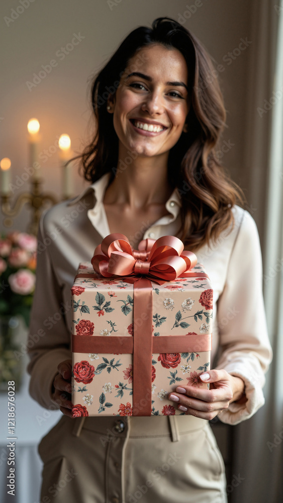 A joyful woman holding a luxurious gift box in a festive, elegantly decorated room, ideal for gift shop promotions, event planning, or luxury brand campaigns. A joyful woman holding a luxurious gift box in a festive, elegantly decorated room, ideal for gift shop promotions, event planning, or luxury brand campaigns.