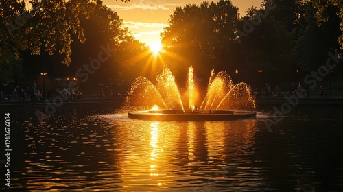 Wallpaper Mural Golden Sunset Illuminates Park Fountain and People Torontodigital.ca