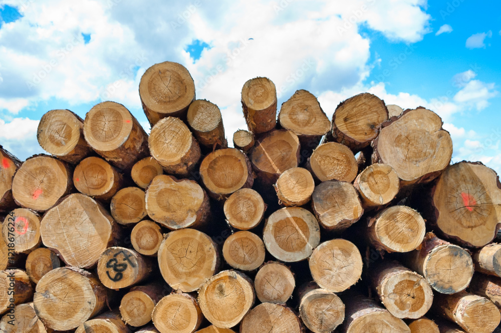 The photo shows round logs stacked against a blue sky The photo shows round logs stacked against a blue sky