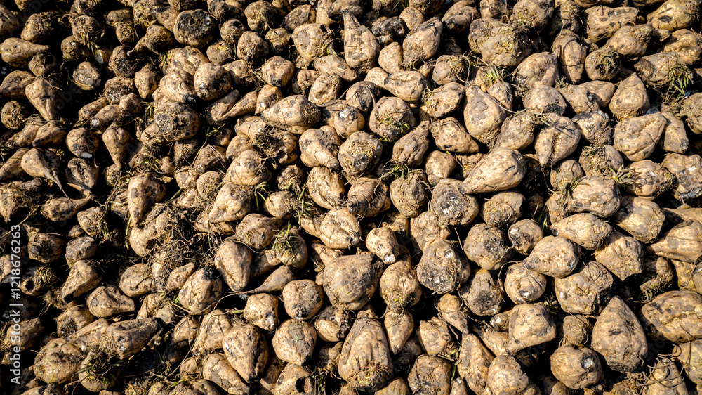 Aerial view on pile of harvested ripe sugar beet Aerial view on pile of harvested ripe sugar beet