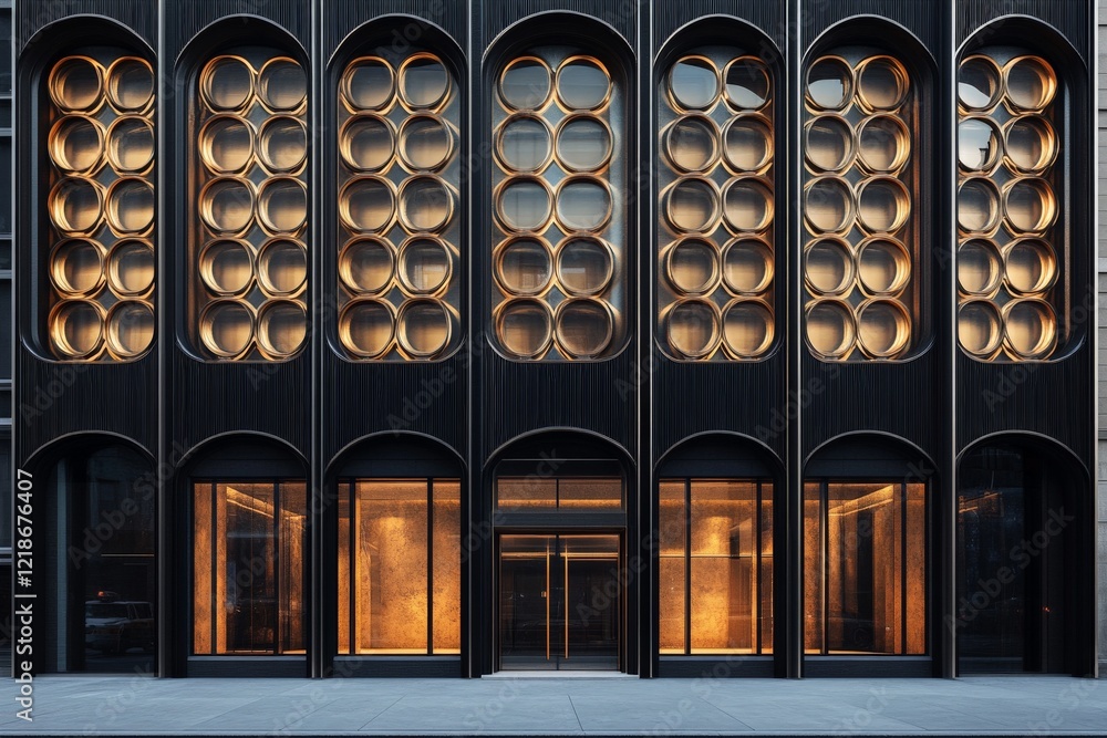 Naklejka premium Modern architectural facade featuring circular designs and warm lighting in an urban setting during early evening