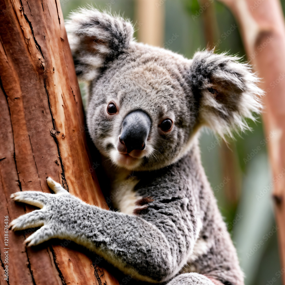 Naklejka premium A serene koala embraces its eucalyptus haven