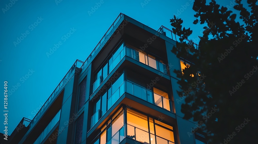 Fototapeta premium A lavish high-rise apartment complex shining under the night lights.