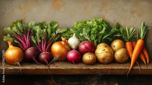 Still Life Painting with Beets  Onions  Carrots  Potatoes  and Greens photo