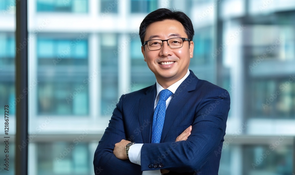 Professional man in suit smiling confidently in modern office setting Professional man in suit smiling confidently in modern office setting