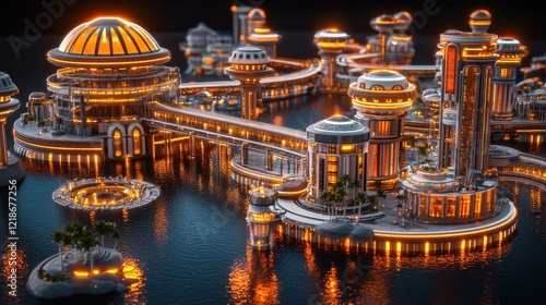 Wallpaper Mural Futuristic Cityscape Illuminated Water City Architecture Torontodigital.ca