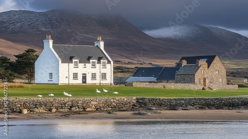 Wallpaper Mural Coastal Houses and Snowy Mountains Landscape Scene Torontodigital.ca