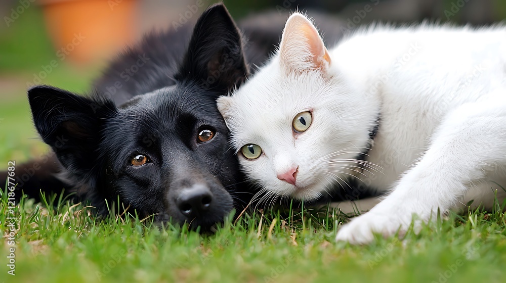 Care. A black dog and a white cat are laying on the grass together Care. A black dog and a white cat are laying on the grass together