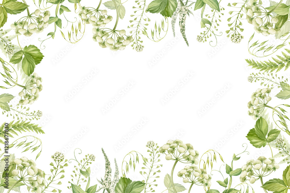 Rectangular frame of field herbs and flowers. Floral frame in green colors. All elements are hand-drawn in watercolor and isolated from the background. Rectangular frame of field herbs and flowers. Floral frame in green colors. All elements are hand-drawn in watercolor and isolated from the background.