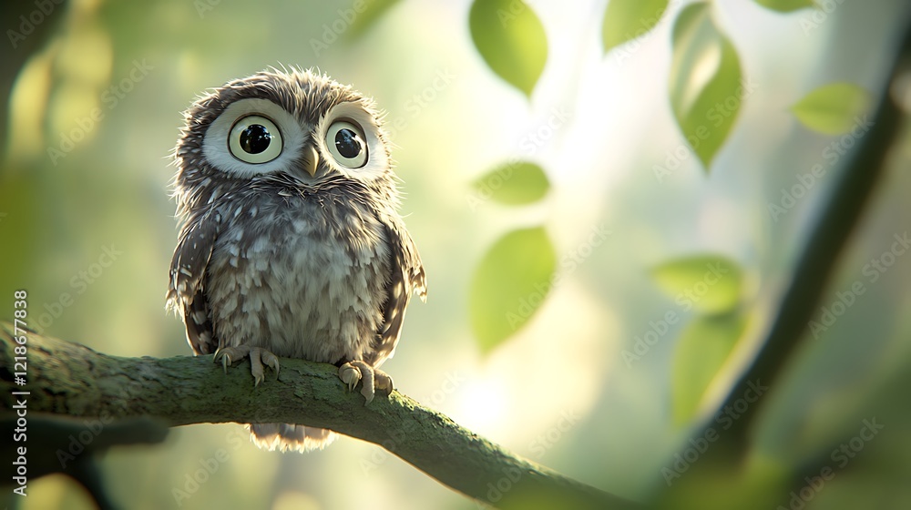 A cute owl perched on a branch surrounded by soft, blurred foliage in a serene setting. A cute owl perched on a branch surrounded by soft, blurred foliage in a serene setting.