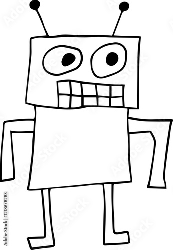 Funny funny square robot with round eyes and square teeth with two antennas on its head, the robot stands and looks aside