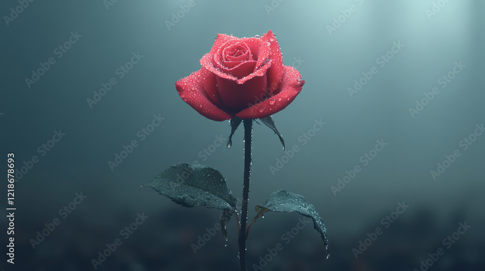 Obraz premium A single red rose with dew drops glistening on its petals,