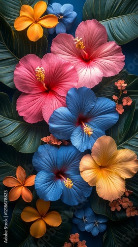 Wallpaper Mural Brightly colored tropical flowers filling the frame with vibrant hues and lush green leaves Torontodigital.ca