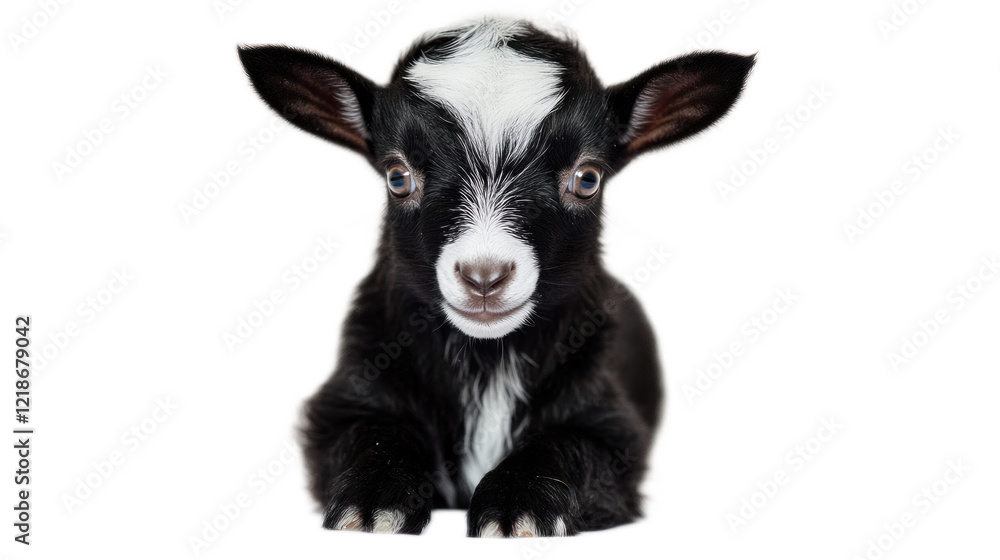 Adorable Baby Goat with Black and White Fur Relaxing and Looking Cute, Capturing the Innocence and Charm of Young Animals in a Bright and Cheerful Setting Adorable Baby Goat with Black and White Fur Relaxing and Looking Cute, Capturing the Innocence and Charm of Young Animals in a Bright and Cheerful Setting
