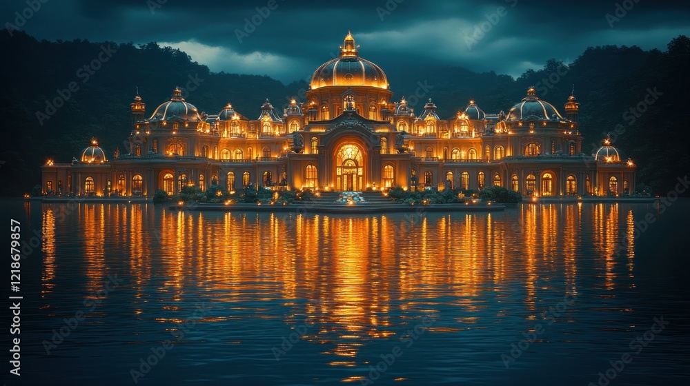 Fototapeta premium Illuminated Lake Palace Night Reflection